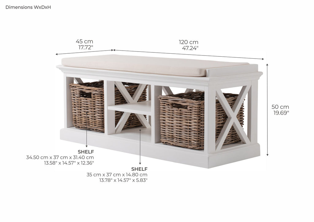 NovaSolo Halifax Bench & Basket Set, Classic White – dimensions