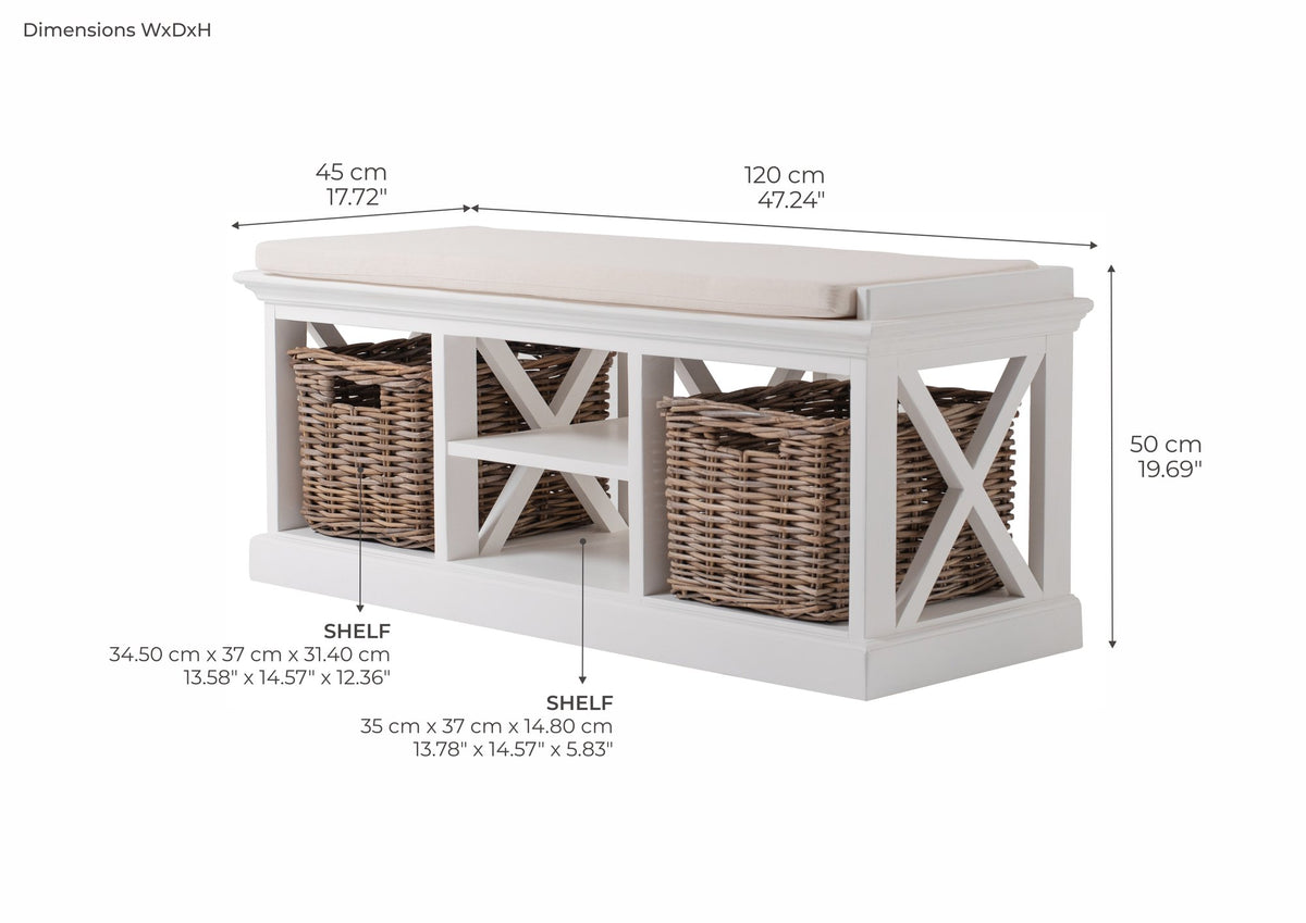 NovaSolo Halifax Bench & Basket Set, Classic White – dimensions