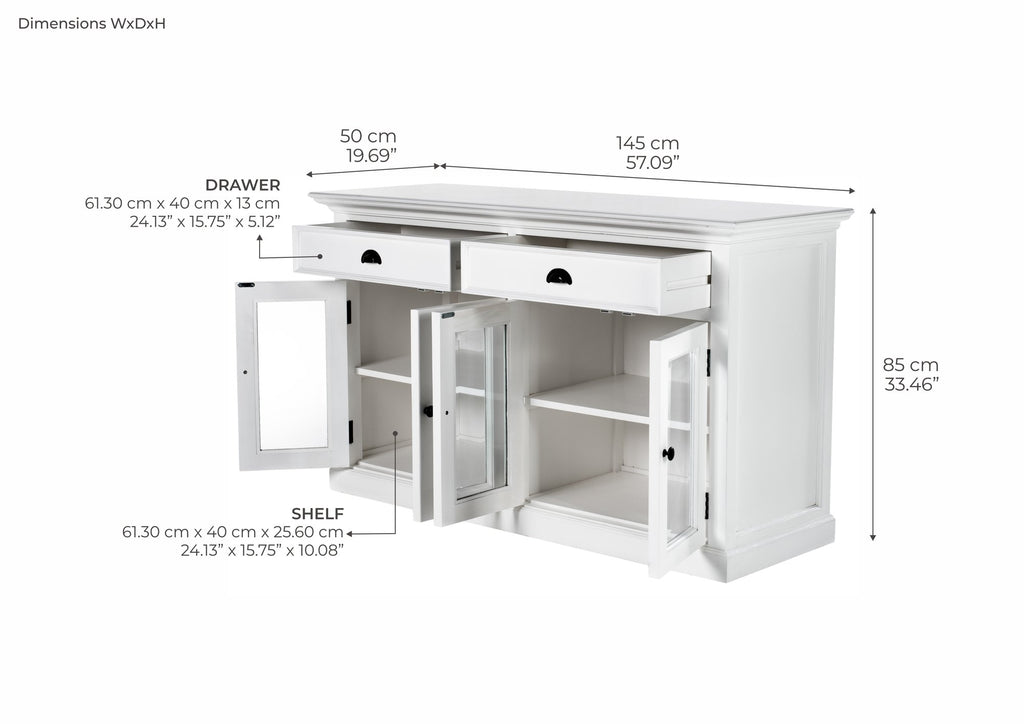 NovaSolo Halifax Classic Buffet with Glass Doors, Classic White – dimensions