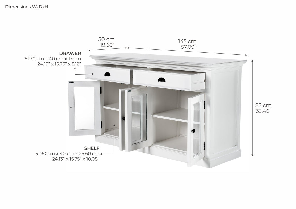 NovaSolo Halifax Classic Buffet with Glass Doors, Classic White – dimensions
