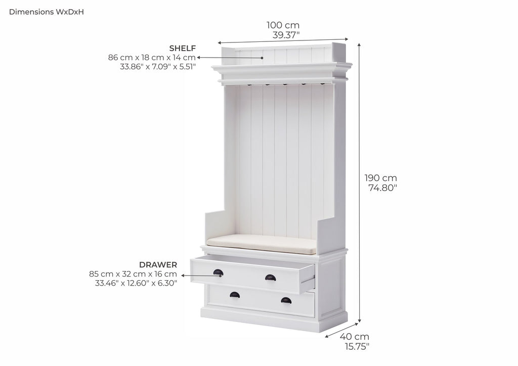 NovaSolo Halifax Entryway Coat Rack & Bench Unit Hall Tree, Classic White – dimensions