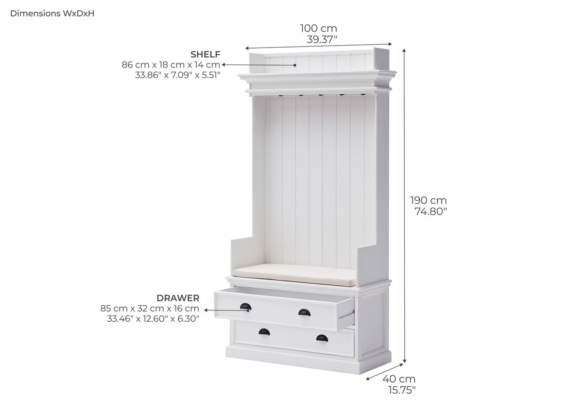 NovaSolo Halifax Entryway Coat Rack & Bench Unit Hall Tree, Classic White – dimensions