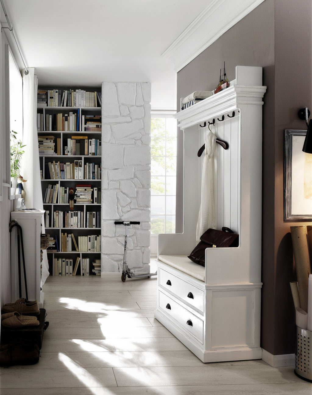 NovaSolo Halifax Entryway Coat Rack & Bench Unit Hall Tree, Classic White – view 7