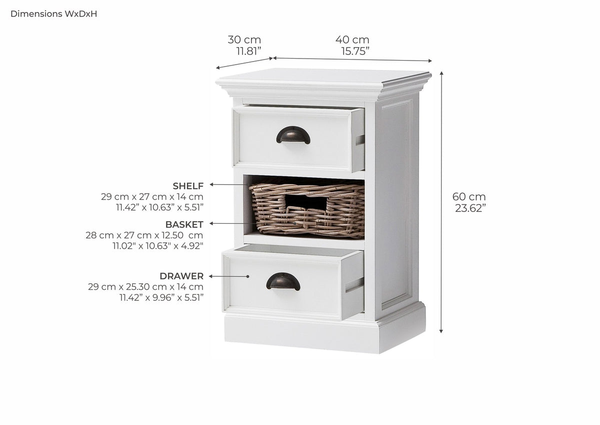 NovaSolo Halifax Bedside Storage Unit with Basket Side Table, Classic White – dimensions