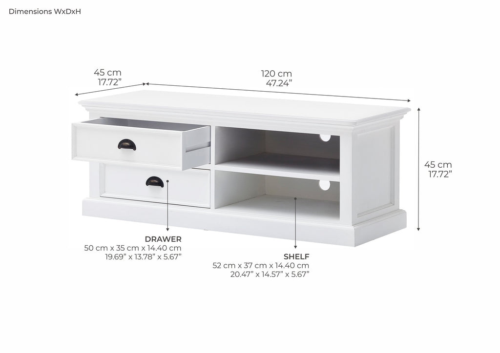 NovaSolo Halifax Medium ETU TV Stand, Classic White – dimensions
