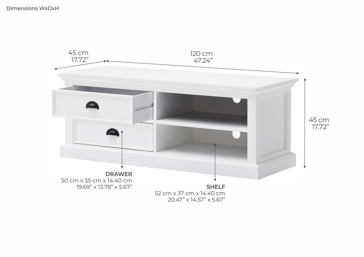 NovaSolo Halifax Medium ETU TV Stand, Classic White – dimensions
