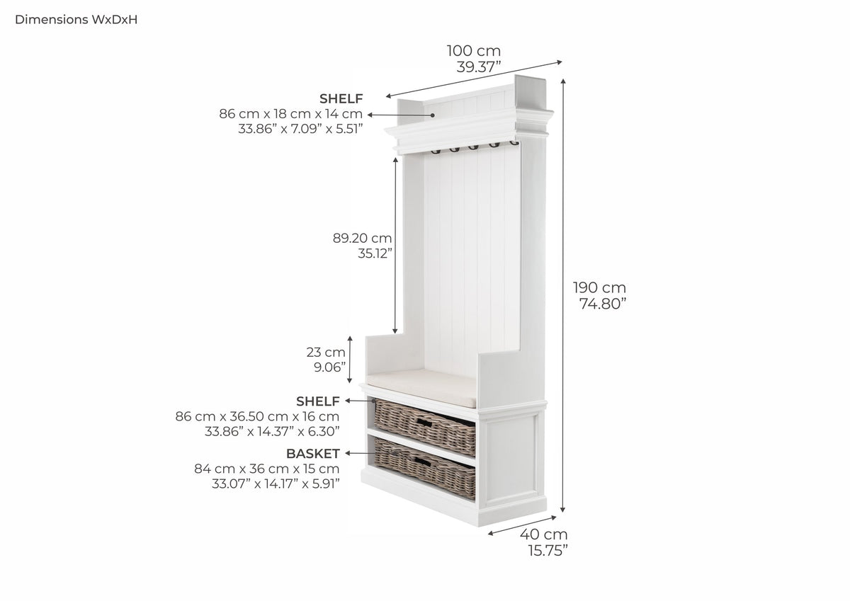 NovaSolo Halifax Entryway Coat Rack & Bench Unit Hall Tree, Classic White – dimensions