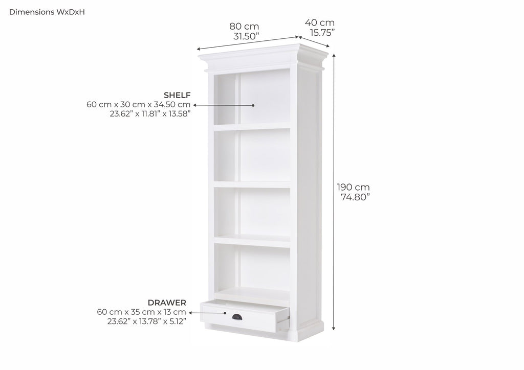 NovaSolo Halifax Bookcase with 1 Drawer, Classic White – dimensions