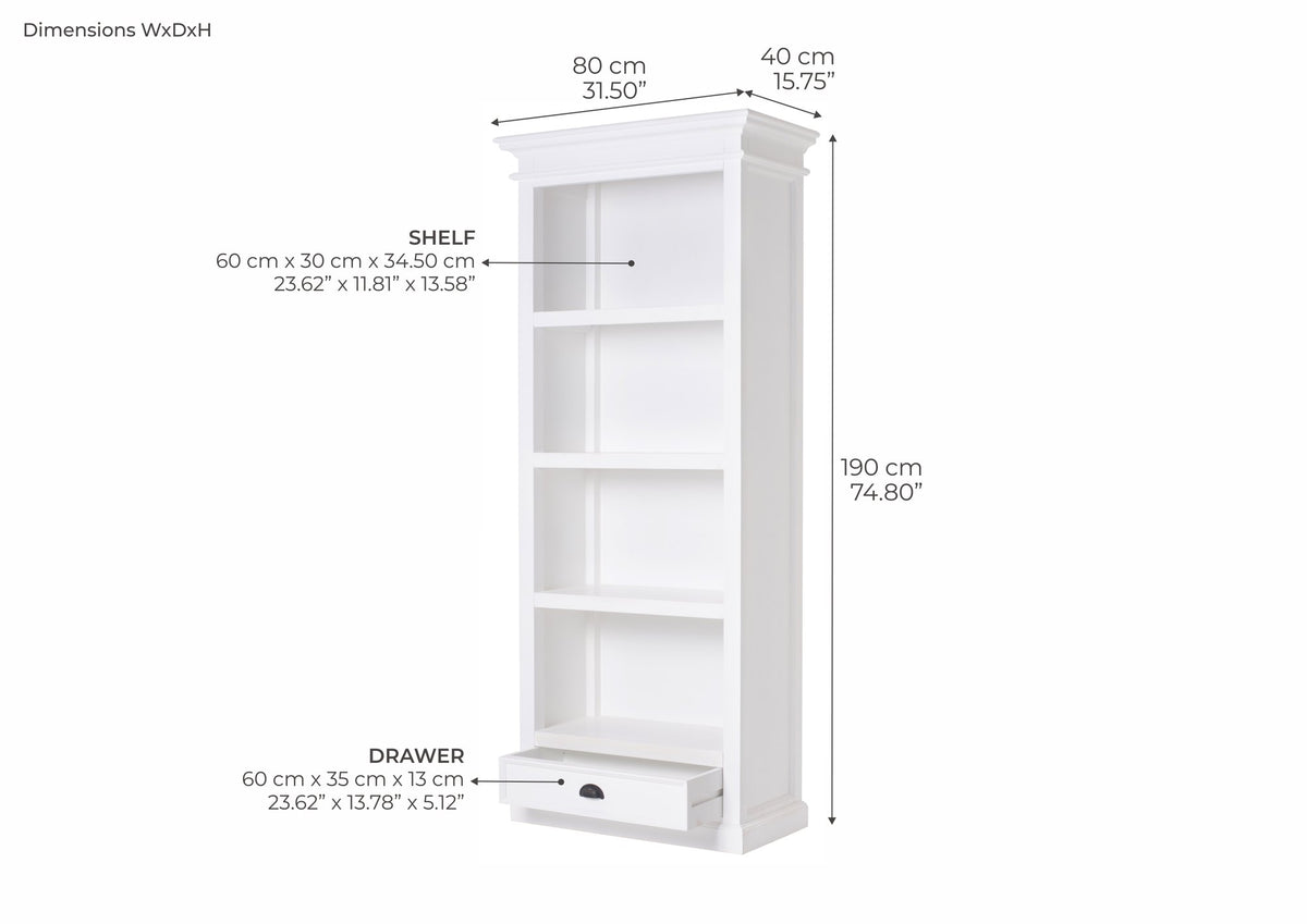 NovaSolo Halifax Bookcase with 1 Drawer, Classic White – dimensions