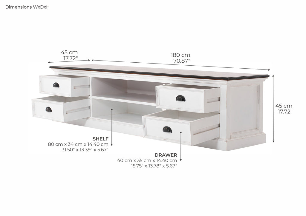 NovaSolo Halifax Accent Large ETU with 4 drawers TV Stand, White Distress & Deep Brown – dimensions