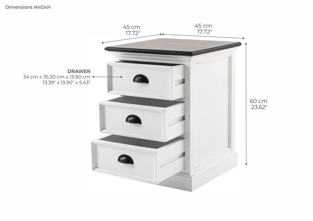 NovaSolo Halifax Accent Bedside Drawer Unit Side Table, White Distress & Deep Brown – dimensions