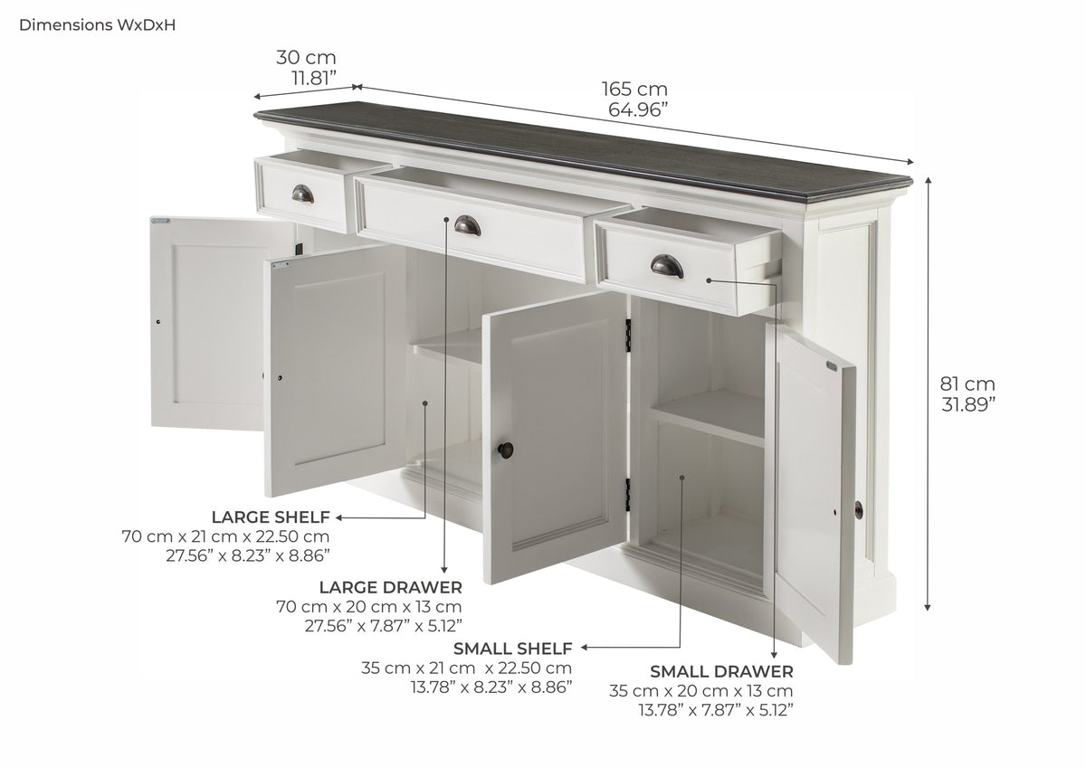 NovaSolo Halifax Contrast Buffet Console Table, Classic White & Black – dimensions