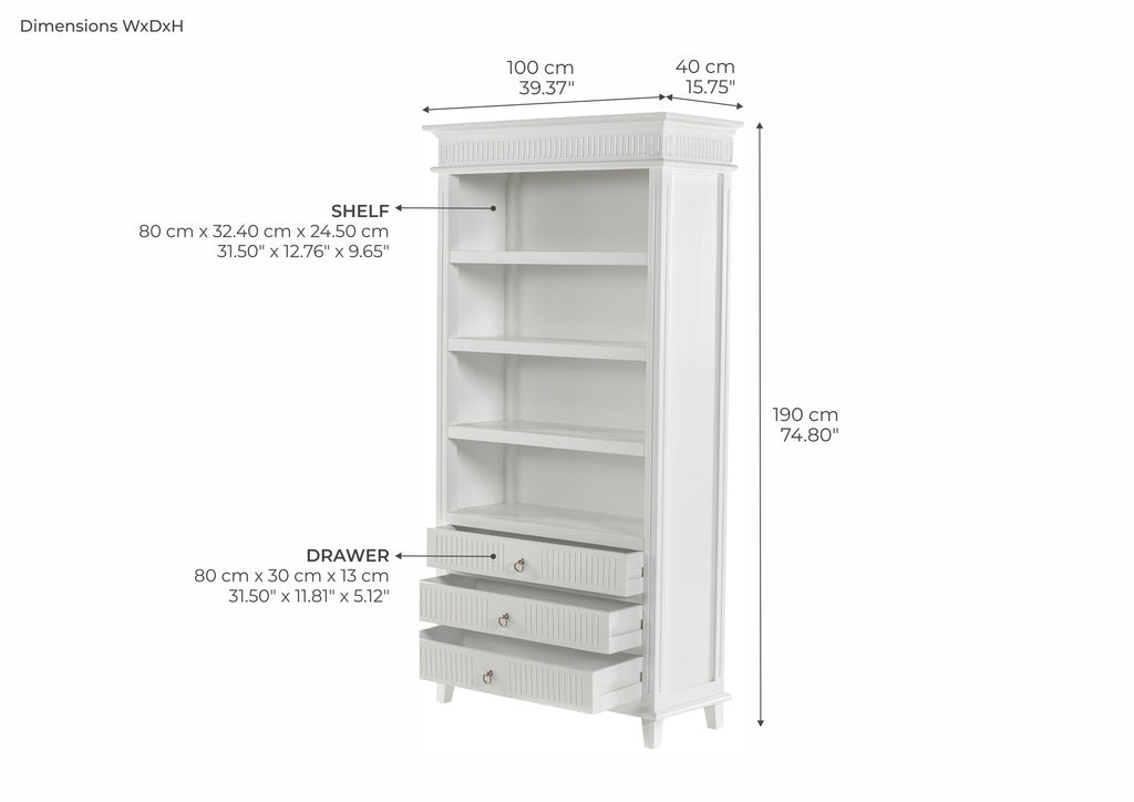 NovaSolo Skansen Bookcase with 3 Drawers, Classic White – dimensions