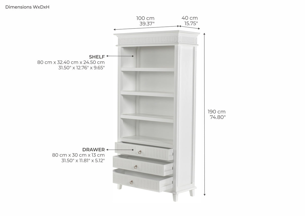 NovaSolo Skansen Bookcase with 3 Drawers, Classic White – dimensions