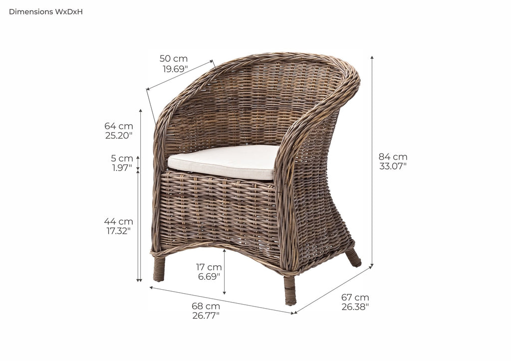 NovaSolo Wickerworks Bonsun Armchair (Set of 2) Dining Chair, Natural – dimensions