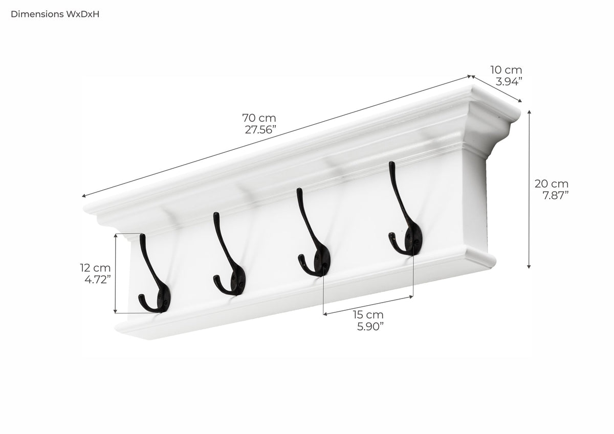 NovaSolo Halifax 4 Hook Coat Rack, Classic White – dimensions