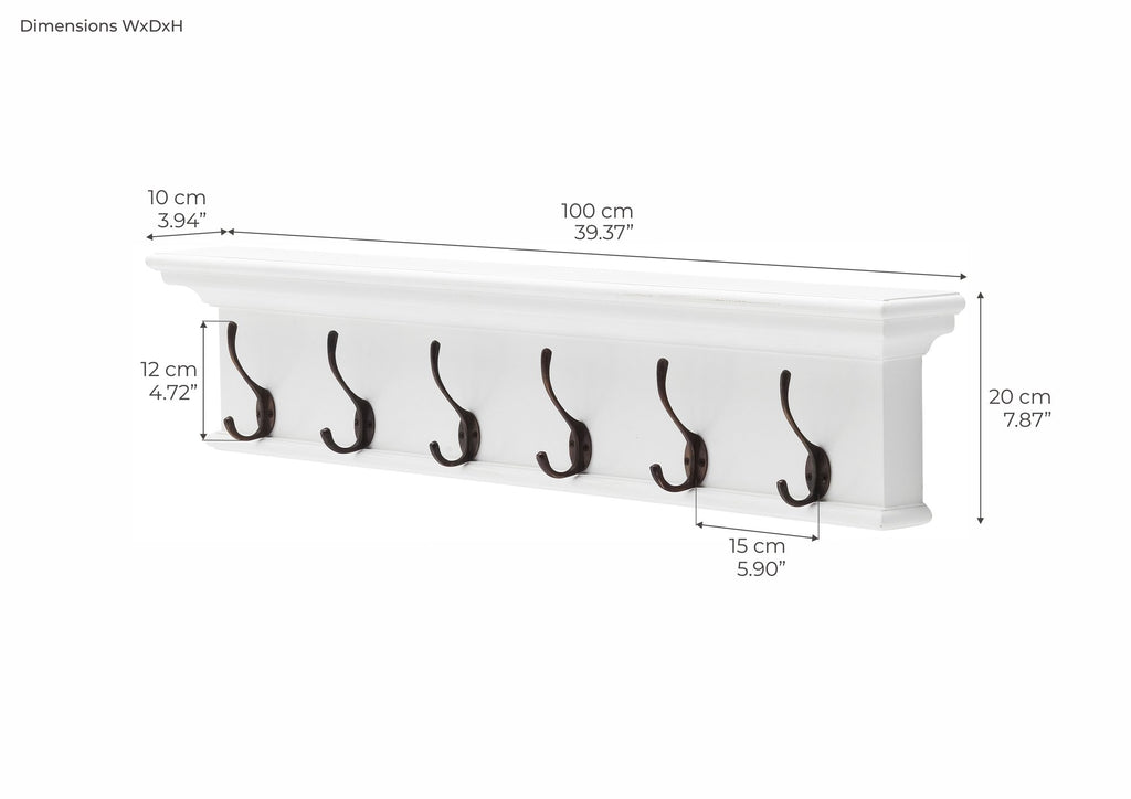 NovaSolo Halifax 6 Hook Coat Rack, Classic White – dimensions