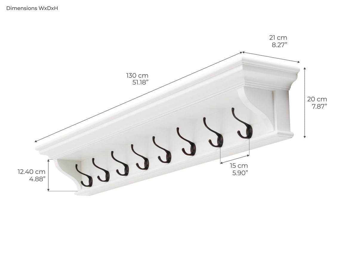 NovaSolo Halifax 8 Hook Coat Rack 130cm, Classic White – dimensions
