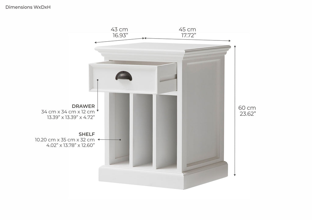 NovaSolo Halifax Bedside Table with Dividers, Classic White – dimensions
