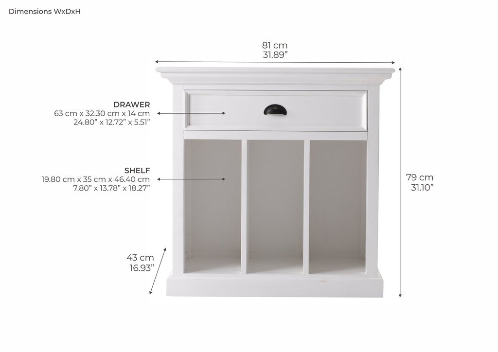 NovaSolo Halifax Bedside Table with Dividers, Classic White – dimensions