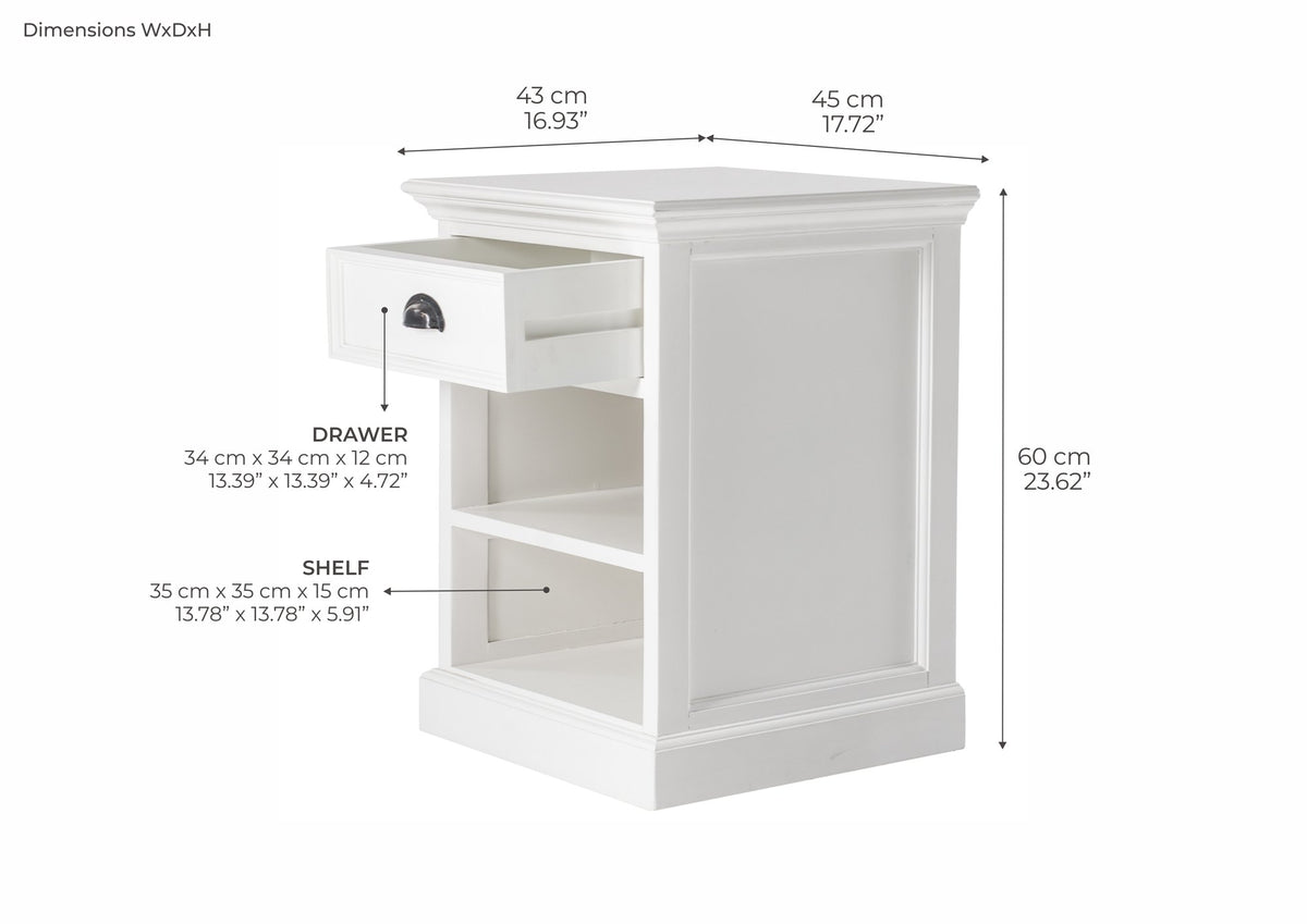 NovaSolo Halifax Bedside Table with Shelves, Classic White – dimensions