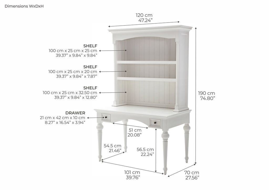 NovaSolo Provence Secretary Desk with Hutch, Classic White – dimensions
