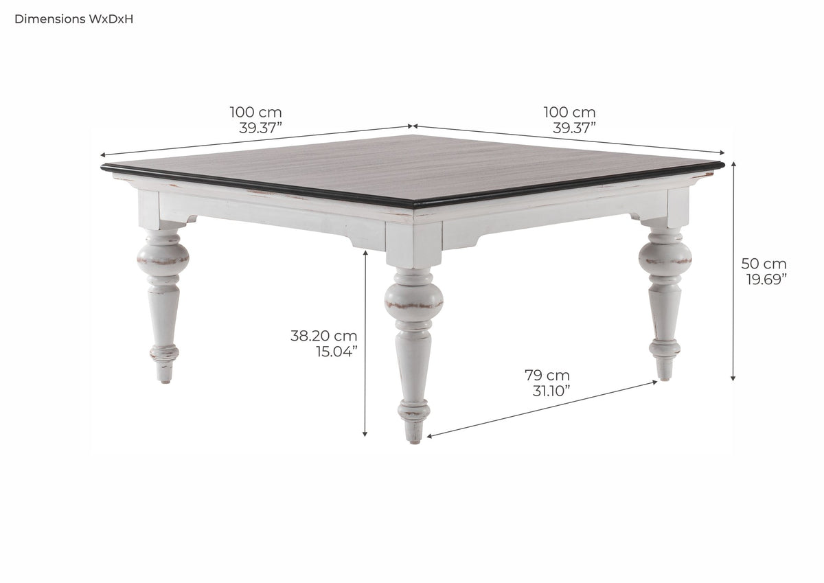 NovaSolo Provence Accent Square Coffee Table, White Distress & Deep Brown – dimensions