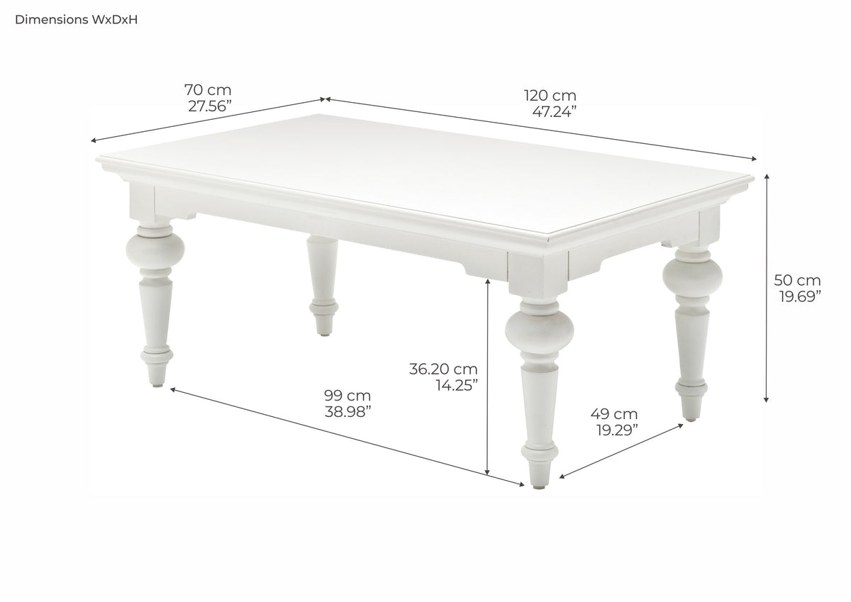 NovaSolo Provence Rectangular Coffee Table, Classic White – dimensions
