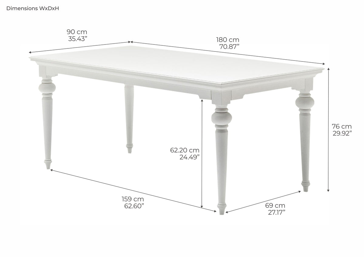 NovaSolo Provence 71" Dining Table, Classic White – dimensions