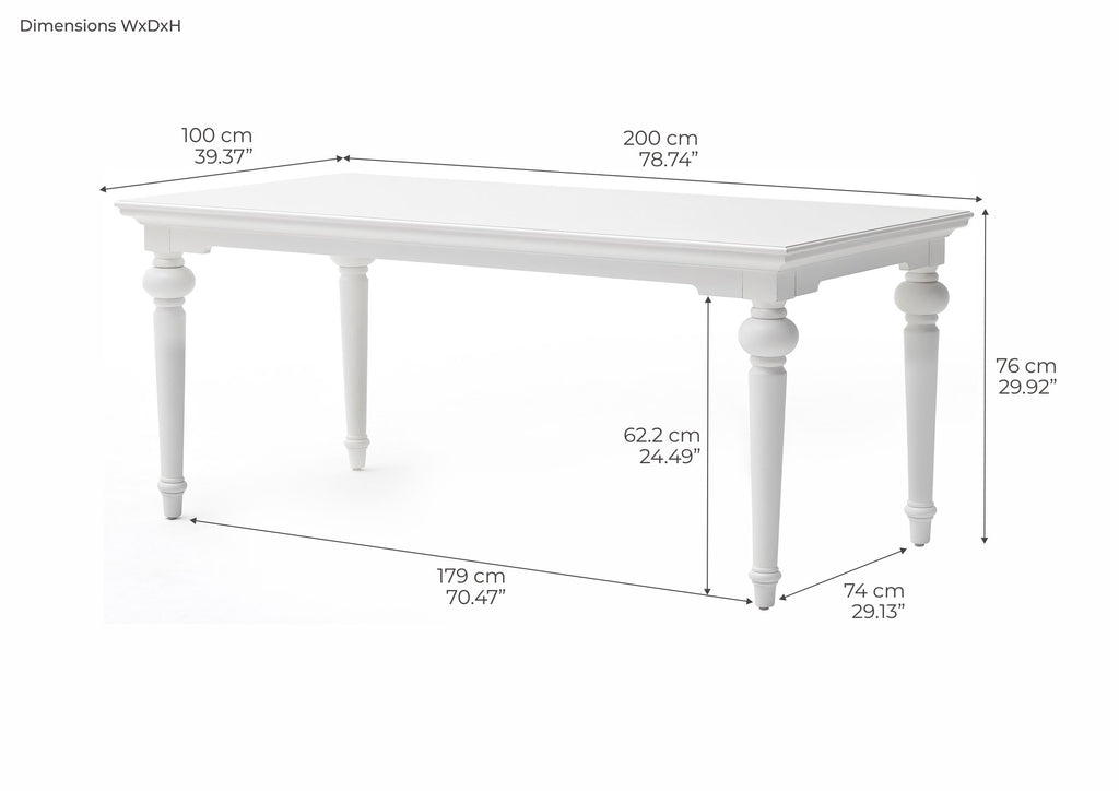NovaSolo Provence 79" Dining Table, Classic White – dimensions