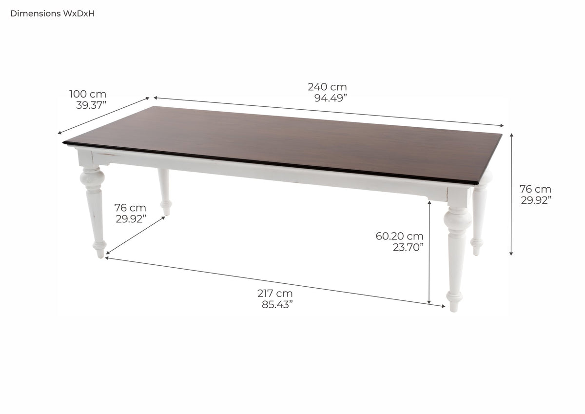NovaSolo Provence Accent Dining Table 240, White Distress & Deep Brown – dimensions
