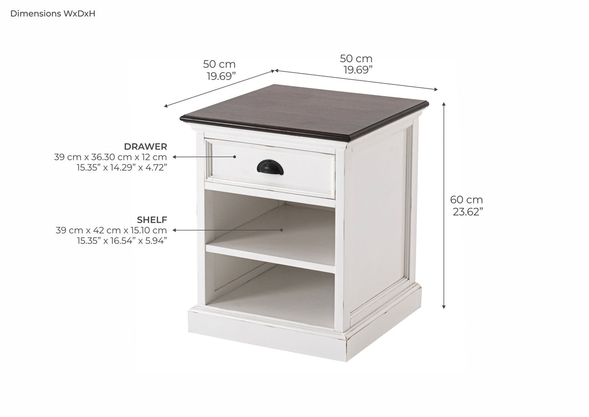 NovaSolo Halifax Accent Bedside Table with Shelves, White Distress & Deep Brown – dimensions