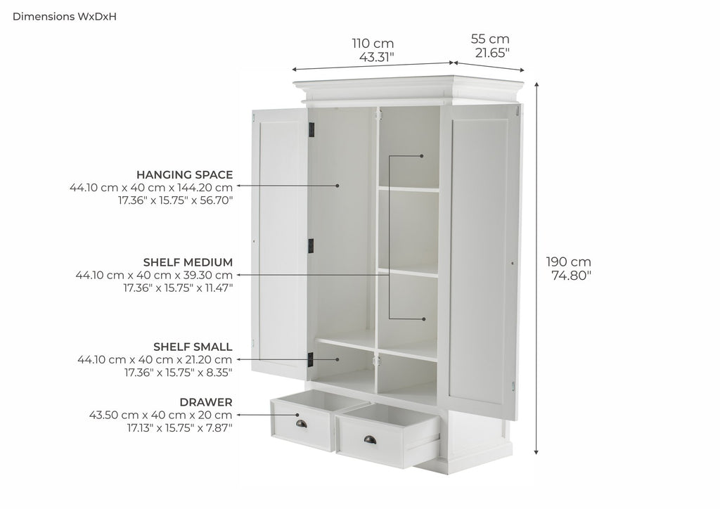 NovaSolo Halifax Wardrobe, Classic White – dimensions