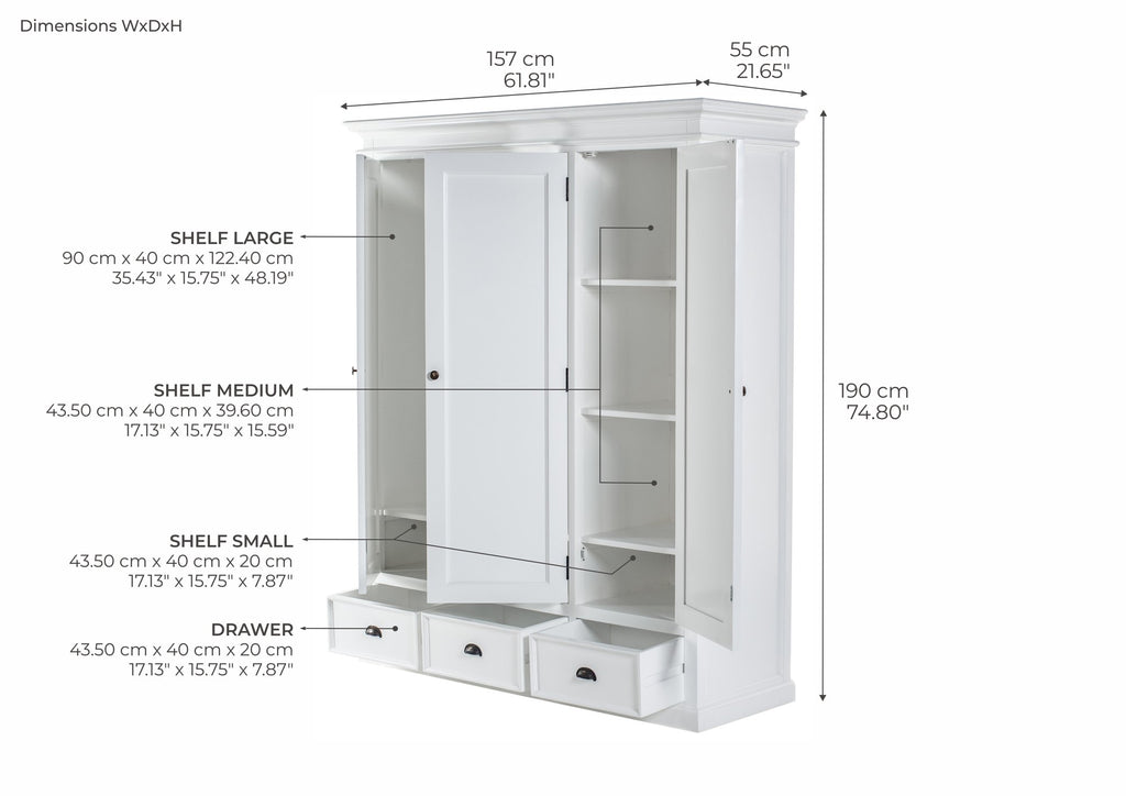 NovaSolo Halifax Wardrobe with 3 Doors, Classic White – dimensions