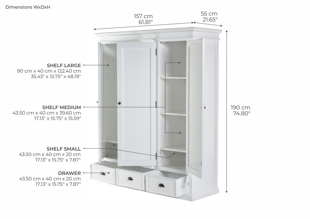 NovaSolo Halifax Wardrobe with 3 Doors, Classic White – dimensions